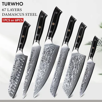 TURWHO Set di coltelli da 1-6 pezzi 67 strati Coltelli da cucina in acciaio di Damasco Coltelli da chef Santoku Utilità Coltello per affettare il pane Strumenti di cottura 1