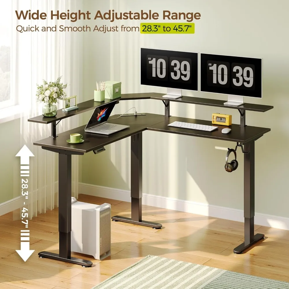 Standing Desk L Shaped with LED Light and Power Outlet, Electric Height Adjustable Desk with Monitor Stand, Sit Stand Up Desk 4