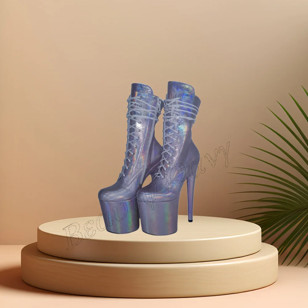 

Silver Laser Mid Calf Ankle Boots Platform Spike High Heel Shoes for Women Round Toe High Heels 2023 New Zapatos Para Mujere
