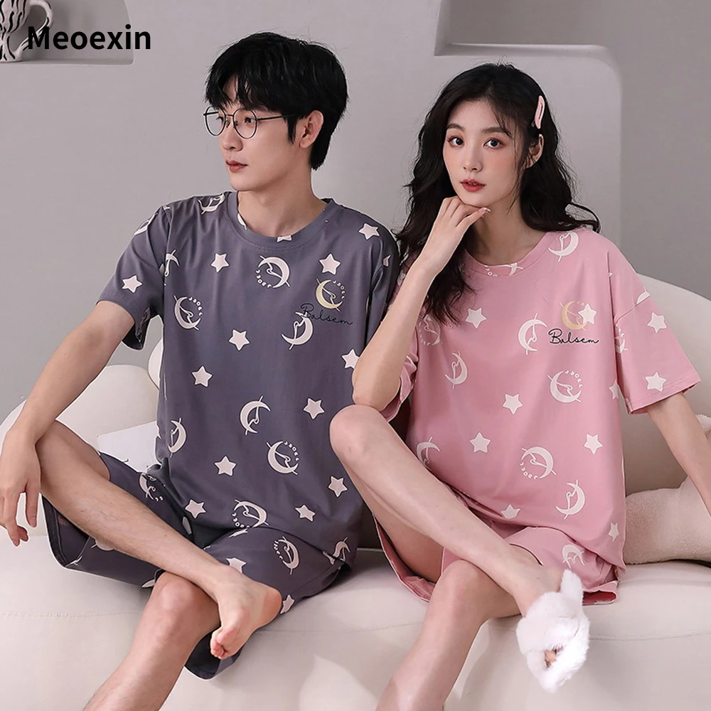 

Student Couple Pajamas Female Summer Short Sleeve Cotton Cartoon Cute Print Man Can Go Out Casual Home Underwear Pajama Sets