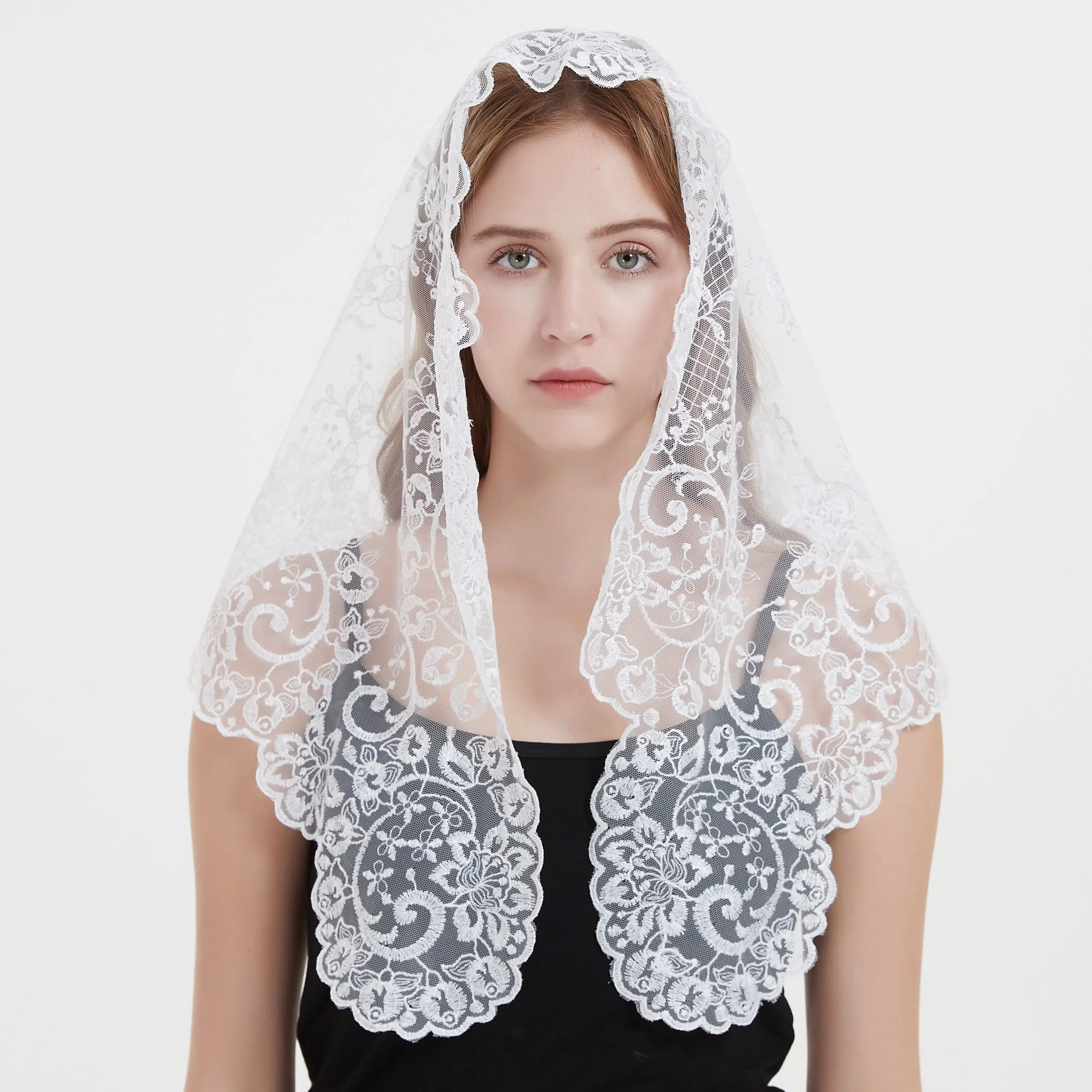 Spanish Style Triangular Veil Lace Chapel Shawl Embroidery Women Head Covering Catholic Veil