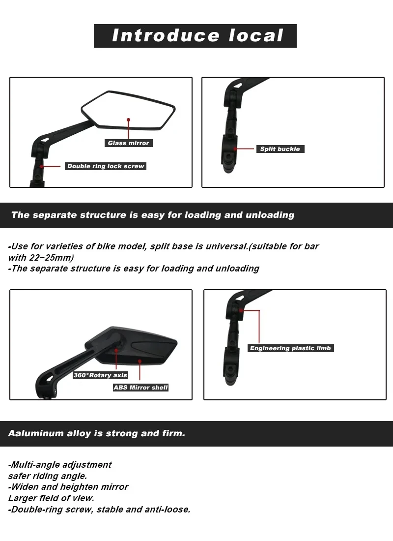 Description Picture 6 of itemRIDERACE Bicycle Rear View Mirror Clear Bike Wide Range Back Sight Rearview Reflector Adjustable Handlebar Left Right Mirror