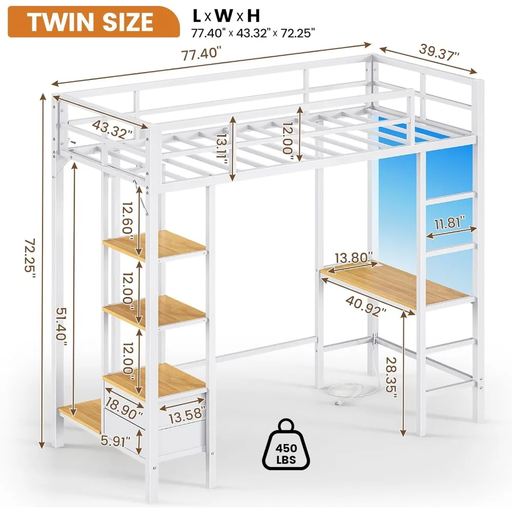 Metal Loft Bed Twin Size with Desk and Charging Station White Twin Loft Bed with LED Lights, 4Storage Shelves and2Fabric Drawers 3