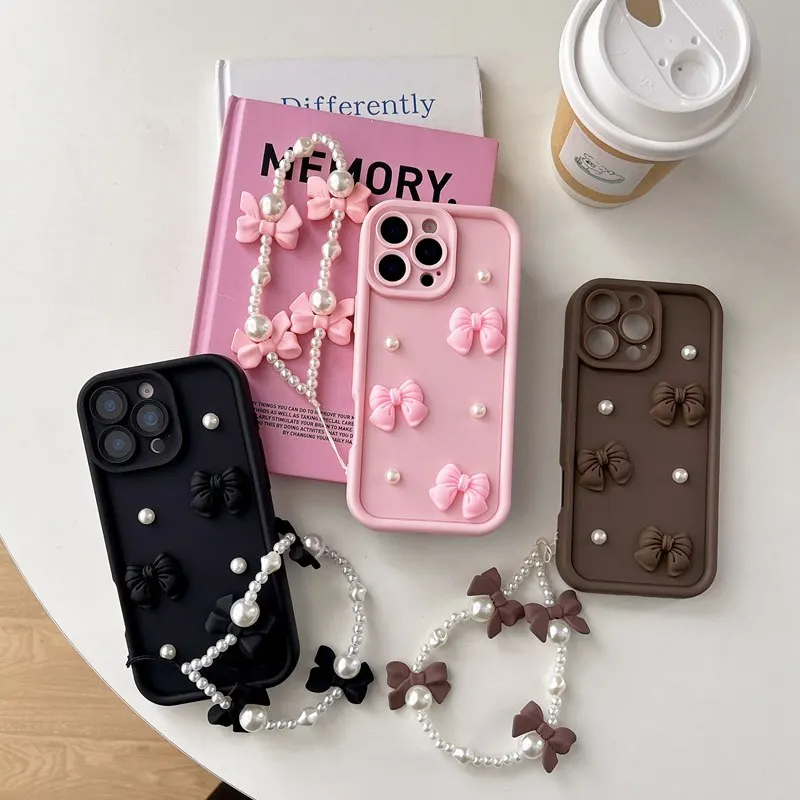 Elegant Bow Tie Pearl Chain Rope Phone Case - Soft Cover