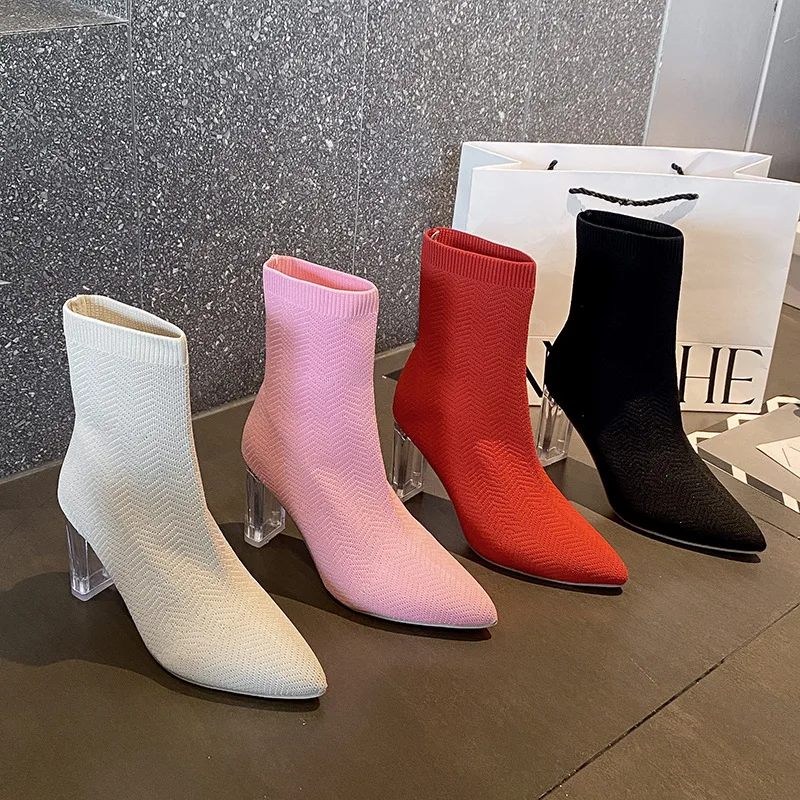 Spring and Autumn New Woven Black Women Boots Thick Heel Mid-tube Women's Fashion Elastic Pointed Toe Fashion Boots
