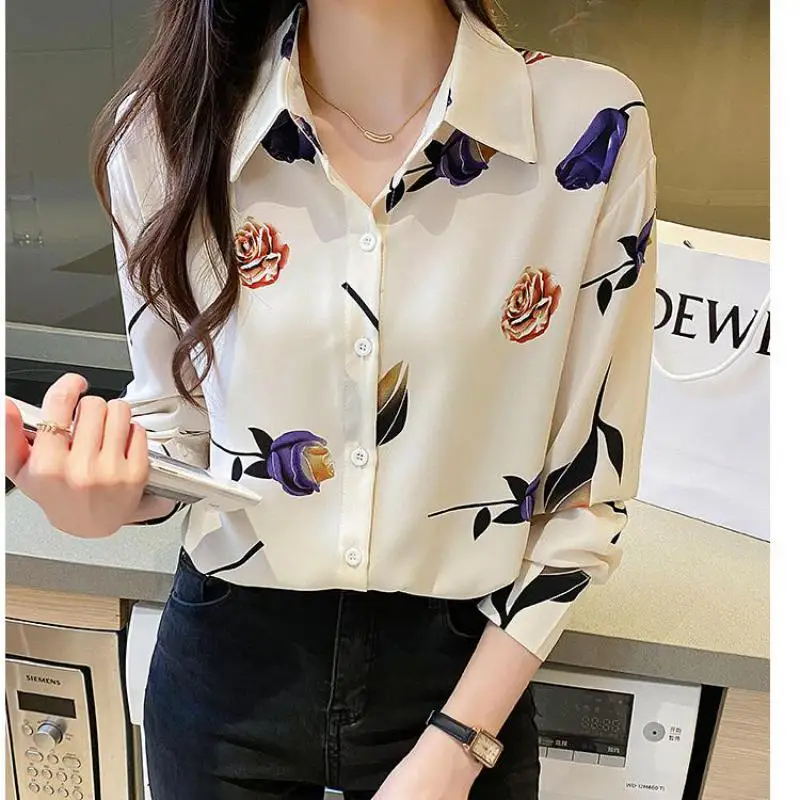 

Женская шифоновая блузка с длинным рукавом, с цветочным принтом