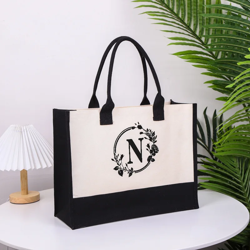 Canvas Tote Shoulder Bags Alphabet Letters Flower Color Simple Fashion Water and Dirt Proof Shopping Handbags Picnic Storage Bag