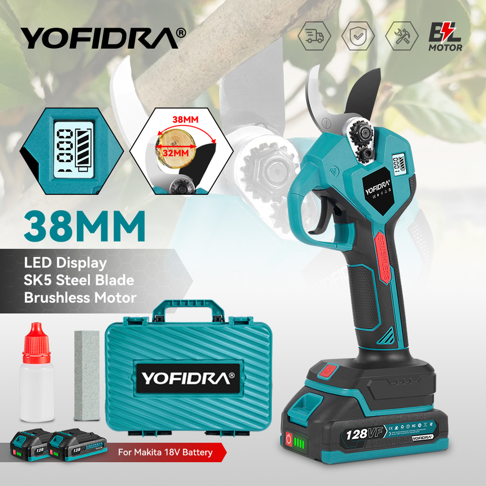 YOFIDRA 38mm Brushless Electric Pruner Shear 2 Gears Cordless Fruit Tree Bonsai Pruning Electric Scissors For Makita 18V Battery