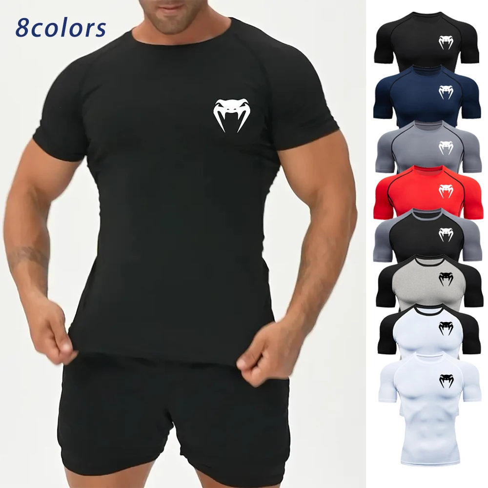 Men's Compression Shirts Fitness Snake Print Gym Shirts Quick Dry Rashguard Short Sleeve Sportswear Jogging Tops Tees Summer