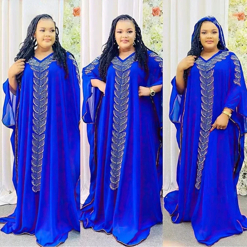 

New African Dashiki Women's Fashion Abaya Stylish Chiffon Fabrics Hot Drilling Loose Long Dress Free Size + Inside