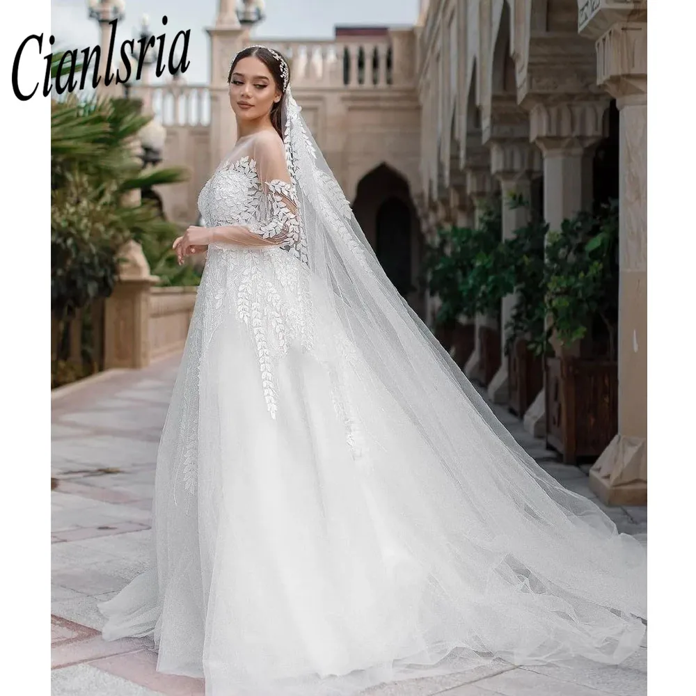 

Dubai Wedding Dress Exquisite Lace Sweetheart Floor Length Illusion Full Sleeve Bridal Court Train Beach Dresses For Women