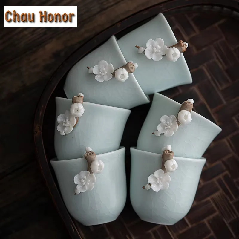 Creative Ru Kiln Handmade Knead Plum Blossom Master Cup Household Ceramic Tea Cup Tea Ceremony Customized Teaset Gift Packaging