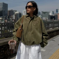 HXAO Women's Bomber Jacket Lapel Long Sleeve Zipper Suede Jacket Women 2025 High Street Cropped Racing Jackets Coats Outerwears - Image 5