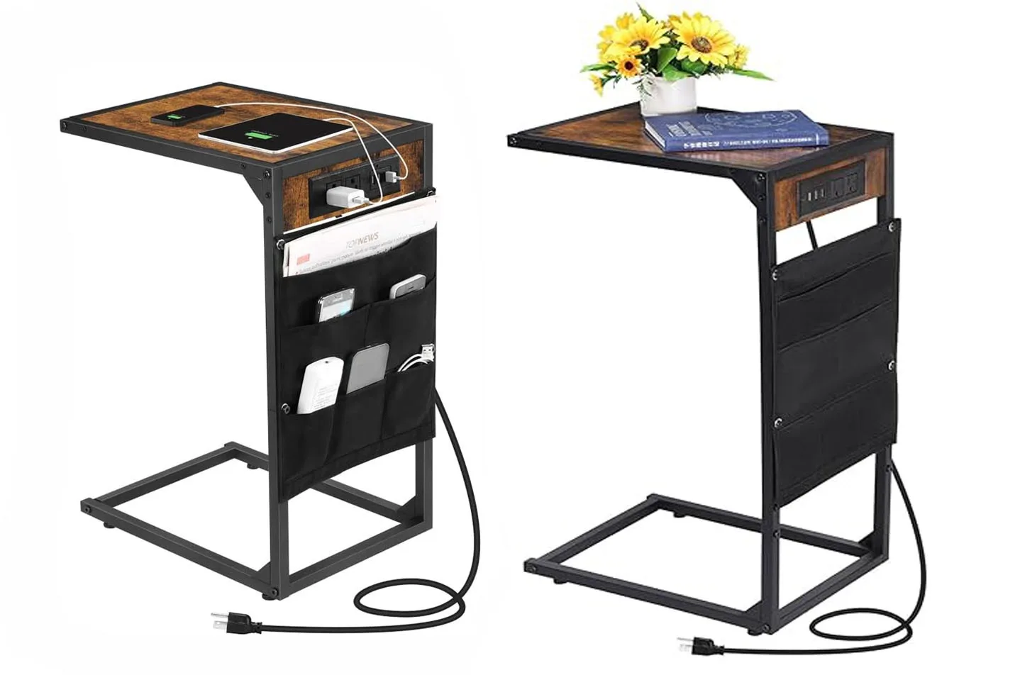 2 sets of C-shaped auxiliary tables,auxiliary table with charging station, sliding sofa table with cloth bag,snack sofa