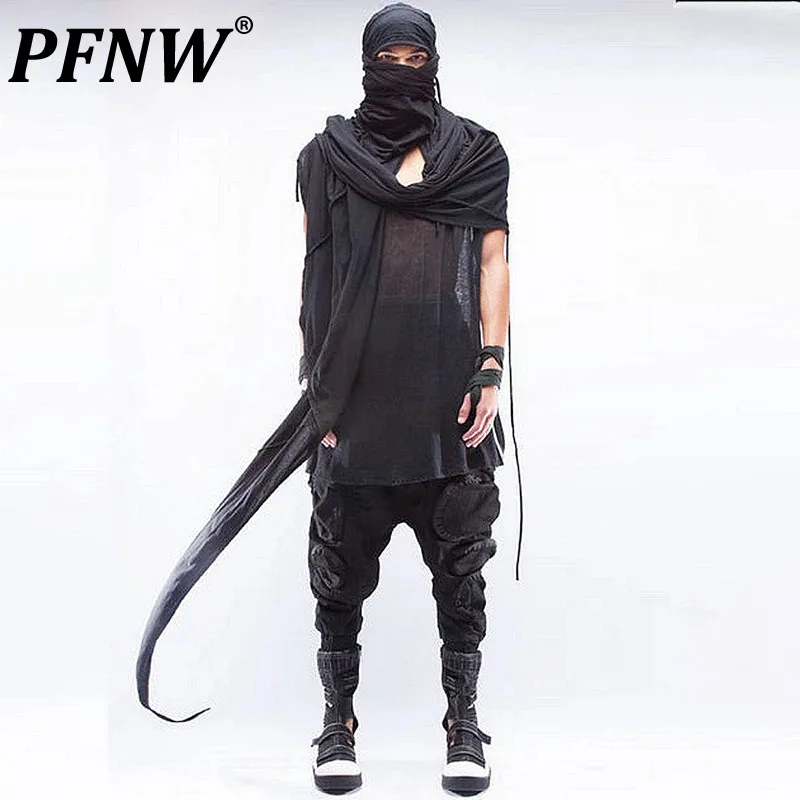 

PFNW Avant-garde Men's Hooded Cape Asymmetry Layered Niche Design Stylish Male Tops Washed Worn Out 2023 Autumn Chic New 28W1619