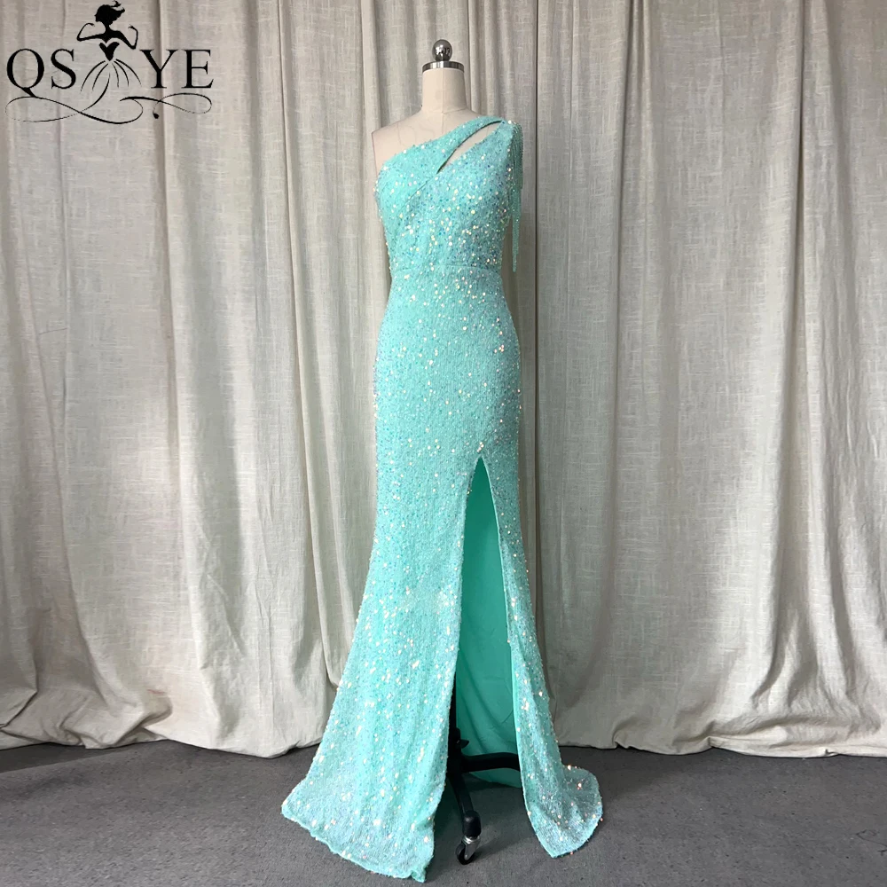 

One Shoulder Mint Prom Dress Crystals Beadings Sparkle Sequin Girl Party Gown Sexy Split Beaded Strap Keyhole Woman Evening Gown