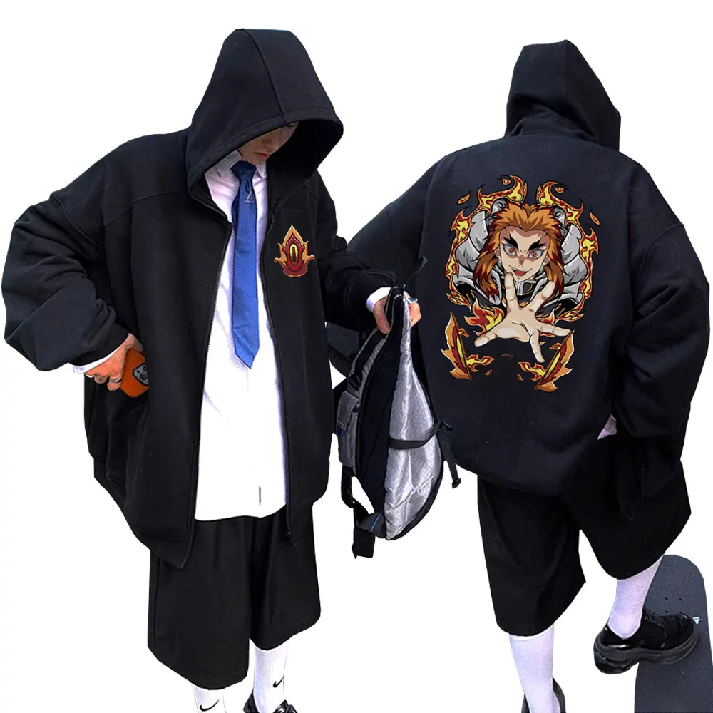 

Anime Demon Slayer Print Zipper Hoodie Rengoku Kyoujurou Graphic Zip Up Sweatshirt Men Women Manga Casual Oversized Jacket Coat