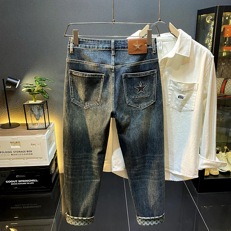Slim-fitting small straight blue gray jeans for men 2024 spring and autumn fashion embroidered printed retro casual long pants 4