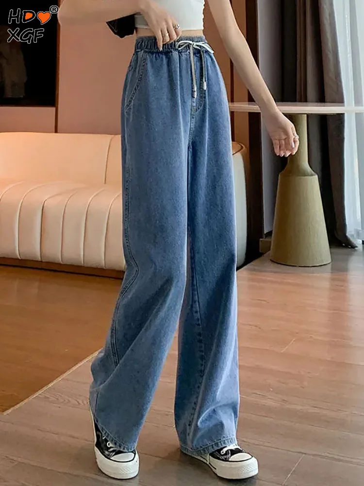 

Spring Autumn Various Styles Jeans For Women Korean Fashion Drawstring Elastic High Waist Straight Pants Casual All-match Jeans