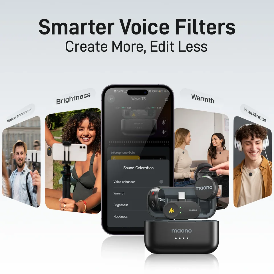 Maono Wave T5 ワイヤレスラペルマイクミニ音声フィルターノイズ