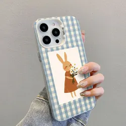 Checkered Grid Cute Animals Pattern Laser Phone Case Back Cover - iPhone 14 Pro (CH - White XQXDW 1)