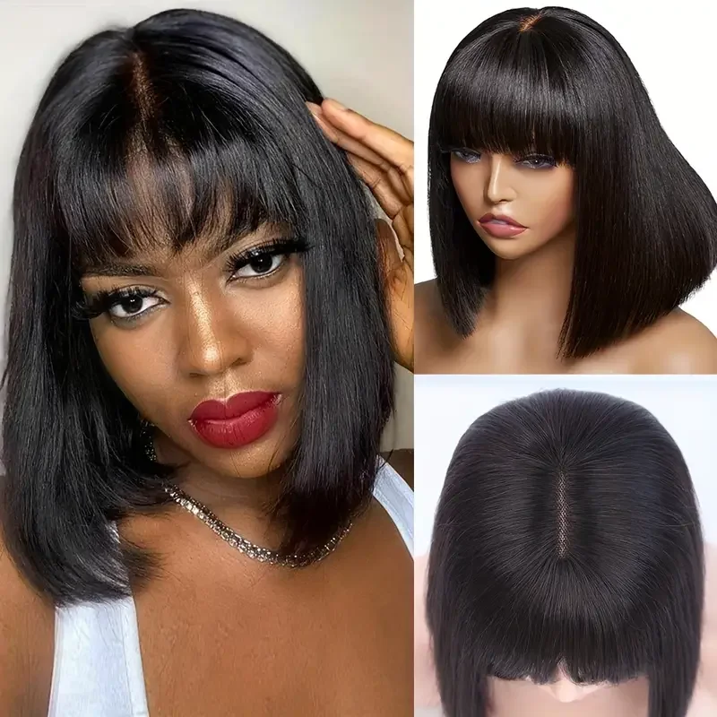 

Natural Scalp Glueless Short Bob Wigs Human Hair Wigs With Bangs 180% Density Bone Straight Bob Brazilian Virgin For Women