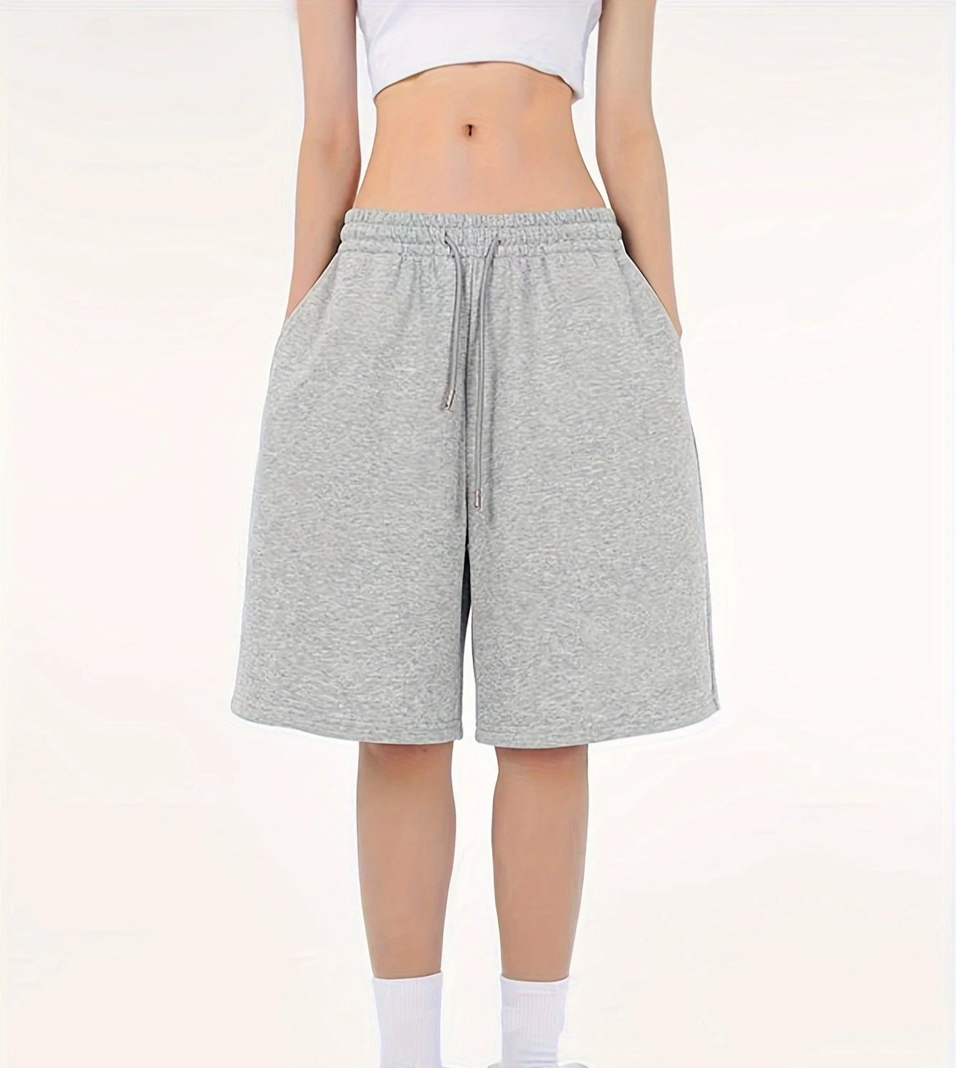 Drawstring Waist Casual Sports Shorts, Elastic Waistband Wide Leg Shorts, Straight Leg Five Inch Shorts, Loose Drawstring Shorts