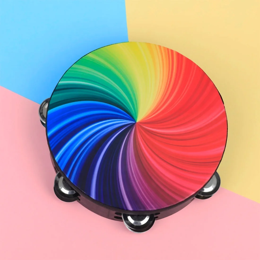 Rainbow Wood Tambourine 8/10-Inch Hand Held With Double Row Jingles