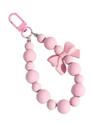 Elegant Pink Pearl Bow Keychain with Beaded Pendant Accessory - 3pcs (Pink)