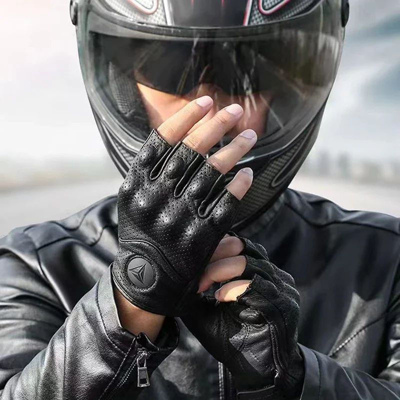 Motorcycle Gloves Half Finger Leather Summer Fingerless Racing Tactical Retro