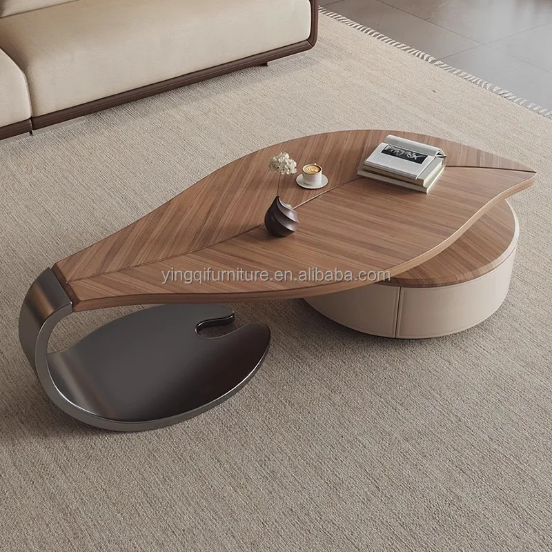 Folia Eastern Art Leaf Shaped Round Modern Coffee Table Wooden Table Living Room Tv Stand and Coffee Set for Home Luxury