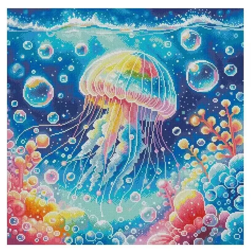 9ct 75x75cm Colored jellyfish Embroidery DIY Printed Kits Cross Stitch Thread Needlework Sets Home Decor Crafts