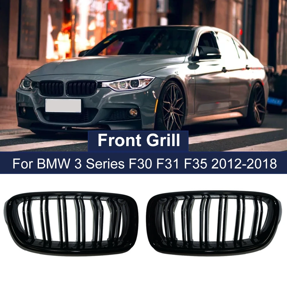 

For BMW 3 Series F30 F35 2012-2019 Center Grille Parallel Bars Front Radiator Grille Bright Black Double Line Center Grille