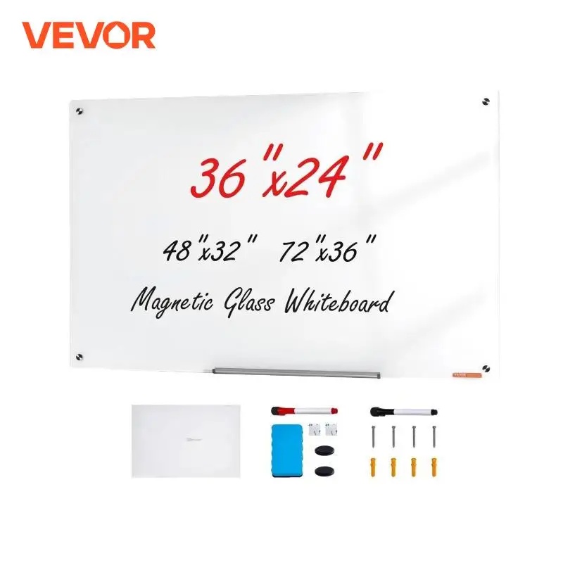 Magnetic Glass Whiteboard Dry Erase Board Wall-Mount Large Frameless Glassboard for School Office VEVOR 36"x24"/48"x32"/72"x36"
