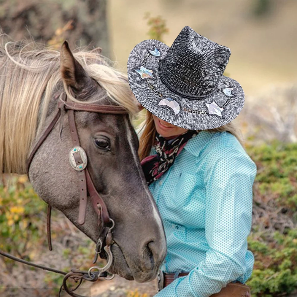 Cowgirl Beach Bohemian Straw Hat Woven Prism Hat Western Cowboy Jazz Cap Women Hollow Out Moon Star Beach Hats Vintage Jazz Cap