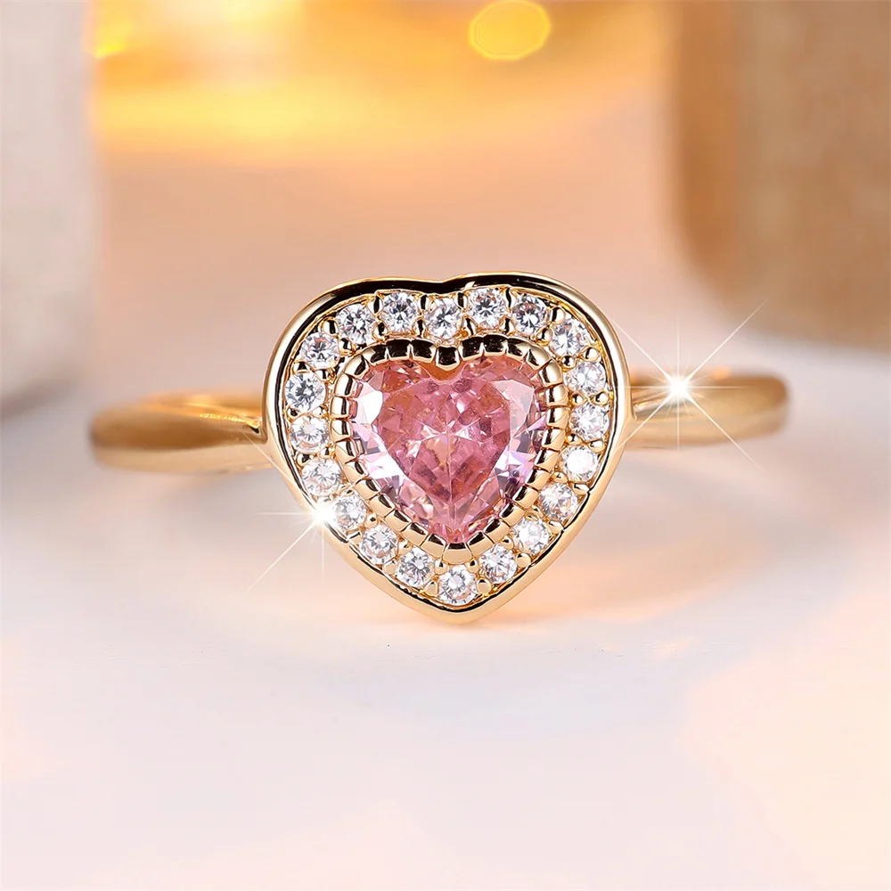 Elegant Pink Crystal Love Heart Zircon Rings For Women Vintage Gold Color Engagement Bands Wedding Jewelry Bridal Birthday Gifts