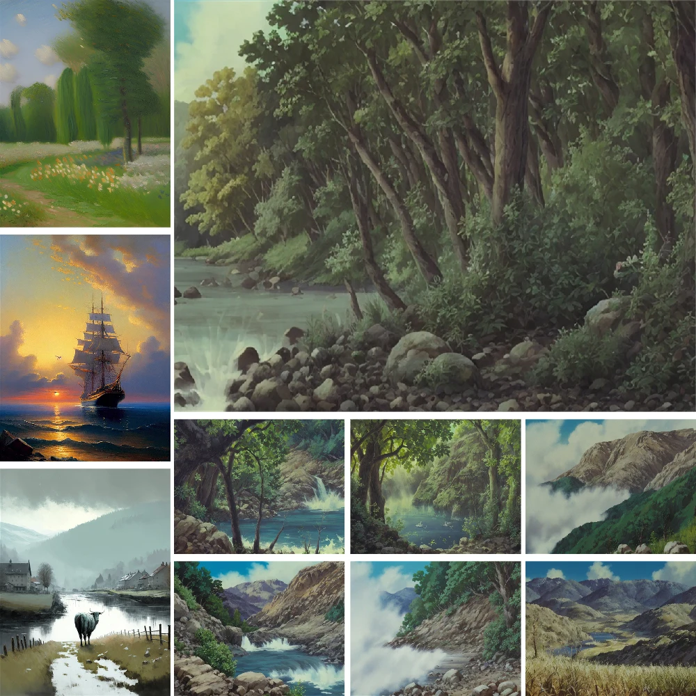 Oil Painting Mountain Pre Printed Cross Stitch Set DIY Embroidery Craft 
