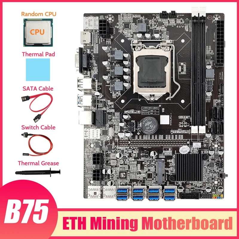 B75 ETH Mining Motherboard 8XPCIE To USB+Random CPU+Thermal Grease+Thermal Pad+SATA Cable+Switch Cable USB Motherboard mother board gaming pc