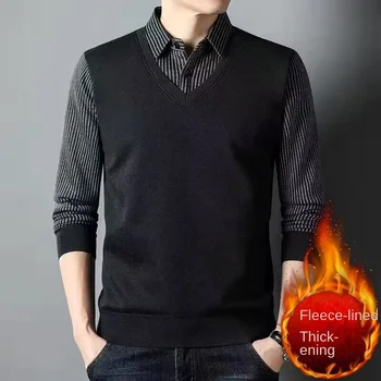 Autunno inverno Pullover in pile uomo colletto della camicia falso due strisce patchwork maglieria maglioni addensato maglione camicia fondo caldo 1