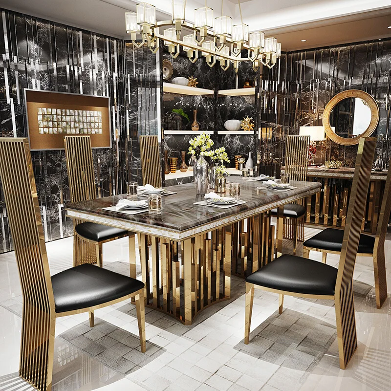 طقم طاولة طعام رخامية فاخرة من Linlamlim بإطار من الفولاذ المقاوم للصدأ باللون الذهبي، وطاولة غرفة طعام مع هيكل بحري وكراسي عالية الظهر 1 طقم طاولة طعام رخامية فاخرة من Linlamlim بإطار من الفولاذ المقاوم للصدأ باللون الذهبي، وطاولة غرفة طعام مع هيكل بحري وكراسي عالية الظهر 1