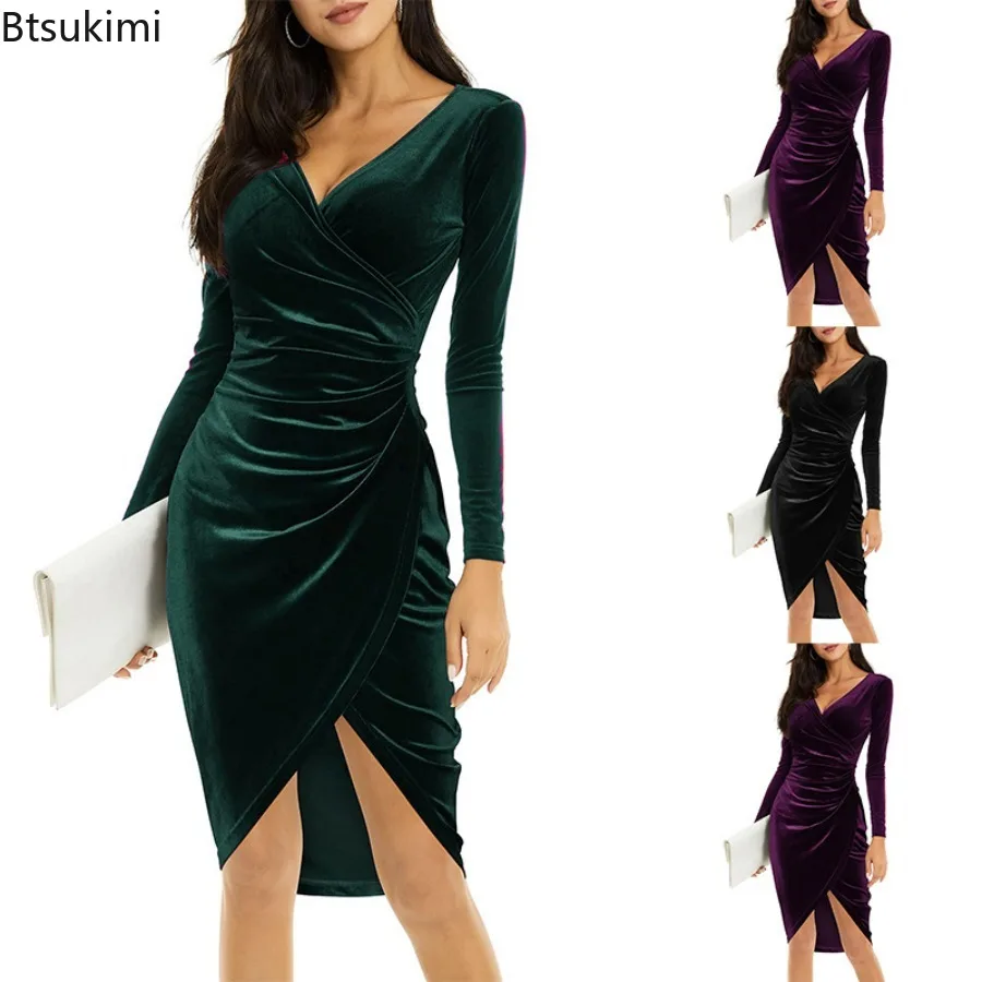 

2024 Women's Elegant Bodycon Midi Dress Solid Long Sleeve Ruched Slim Fit Evening Robe Dress Female Club Party Cocktail Dress