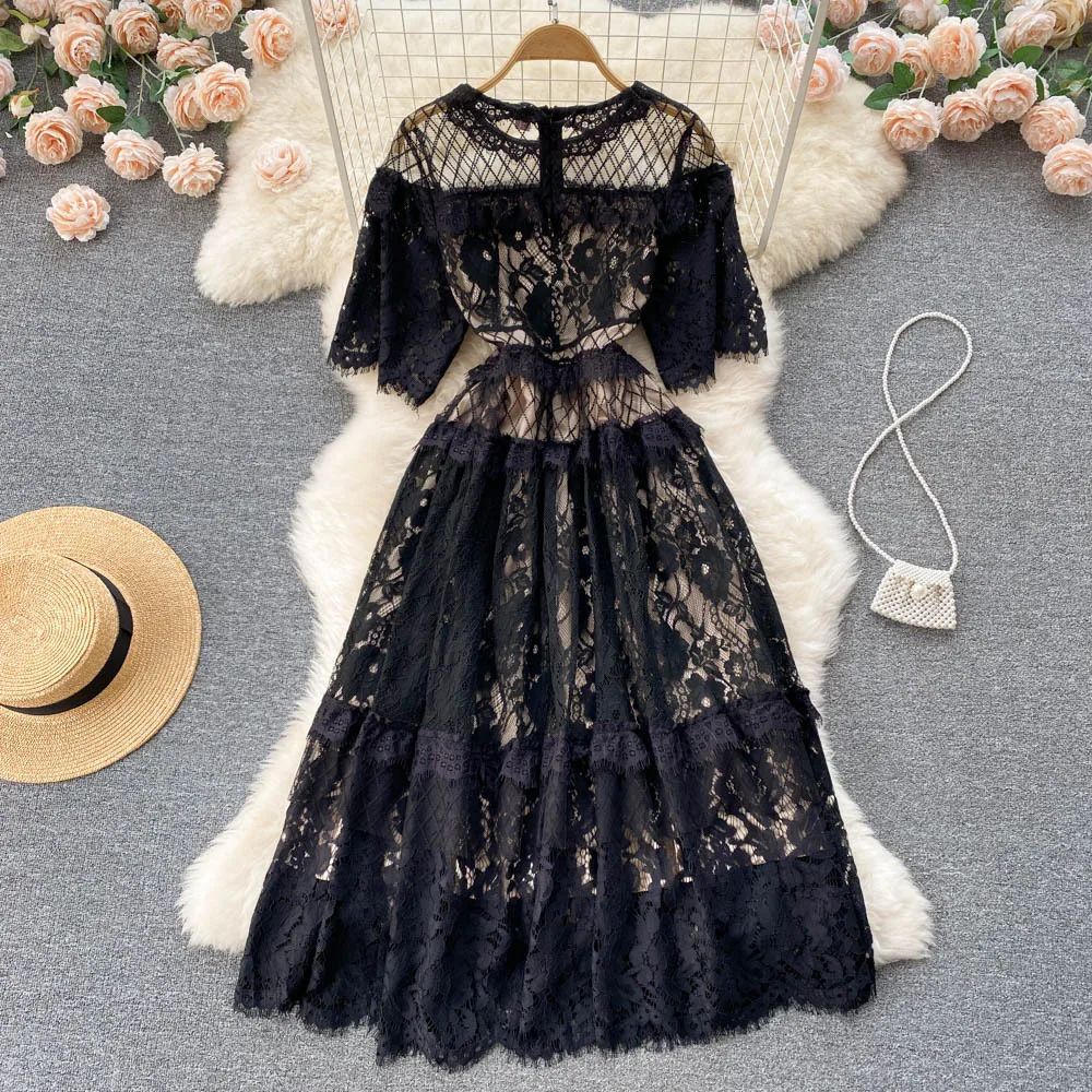 

Lace Knee Length Dress for Women 2023 New Fashion Vintage Short Sleeves O Neck Black Dress Chic Casual Slim Y2k Dress