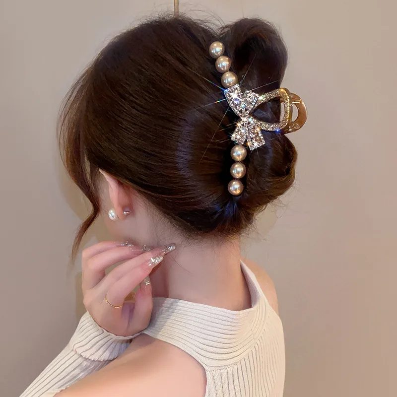 Hair Accessories Fashion Korean Edition Pearl Crystal Bow Horse Tail Claw Clip Girl