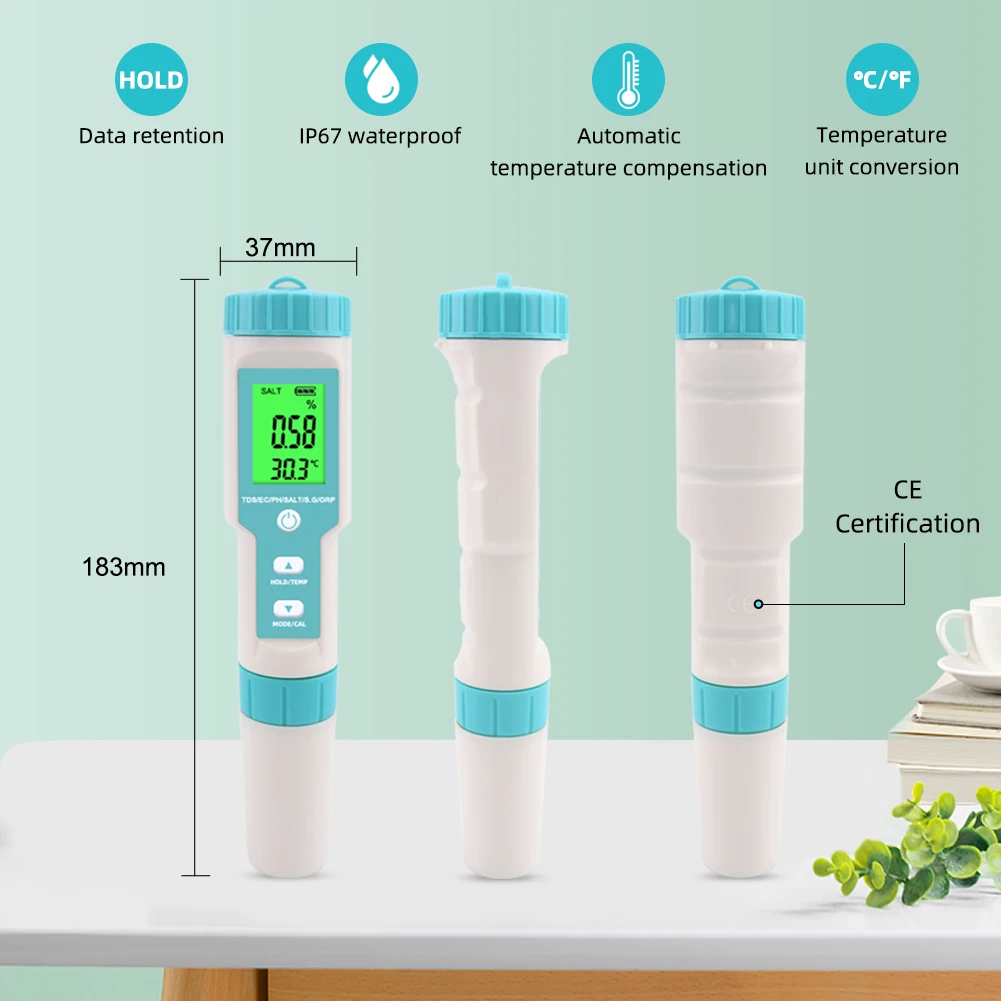 7 in 1 Salinity Meter PH TDS EC ORP S.G TEMP Water Quality Tester IP67 Swimming