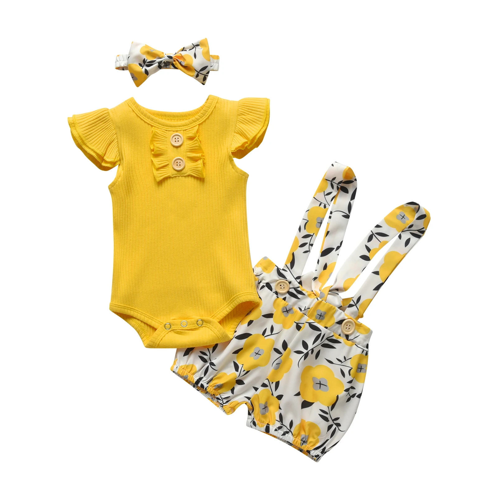 Summer Newborn Maternity Outfit Baby Girls Clothing Sets Short Sleeve Bodysuits For Infants+Floral Overall Shorts+Headband Suit baby dress set for girl Baby Clothing Set