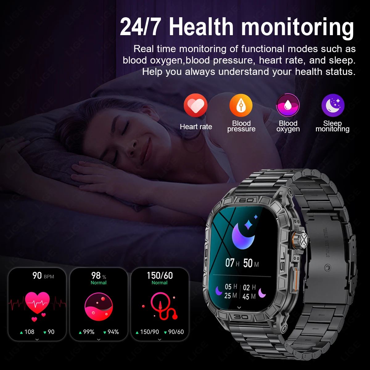 LIGE ߿  Ʈ ġ  1.96ġ AMOLED ũ  ̾  ȭ  ű Smartwatch Men