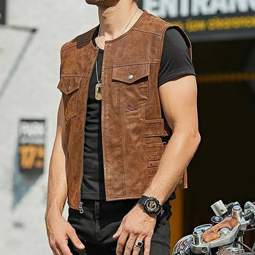 Trendy Men's Faux Leather Biker Waistcoat  Motorcycle Black Club Vest with Multiple Pockets  Sleeveless Fashion