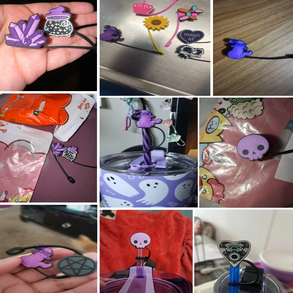 Description Picture 3 of item1-12PCS Silicone Magic Purple Straw Toppers for Cup,Witches Cat Moon Skull 10mm Straw Covers Cap Dustproof Drinkware Tips Party