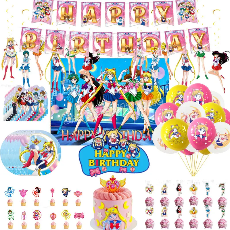Sailor Moon Party Decoration Supplies Kids Birthday Flag Cake Insert Invito Card Balloon Set Baby Shower Gender Reveal Decor