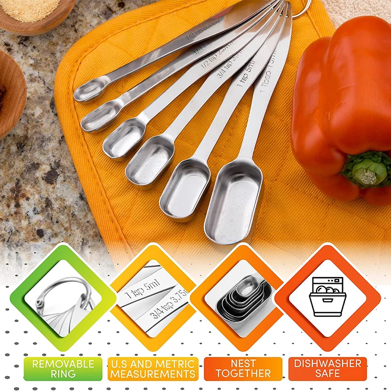 6Pcs Stainless Steel Measuring Spoons with Leveler, Measuring